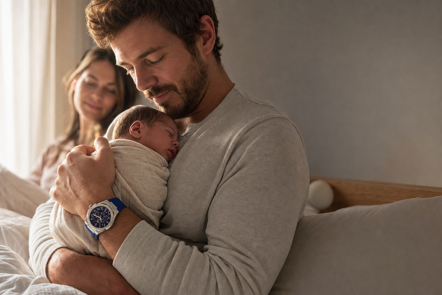 A father cradles his sleeping newborn beside a sunlit bedroom window while wearing a silver ChronoAstra watch with a vivid blue strap.