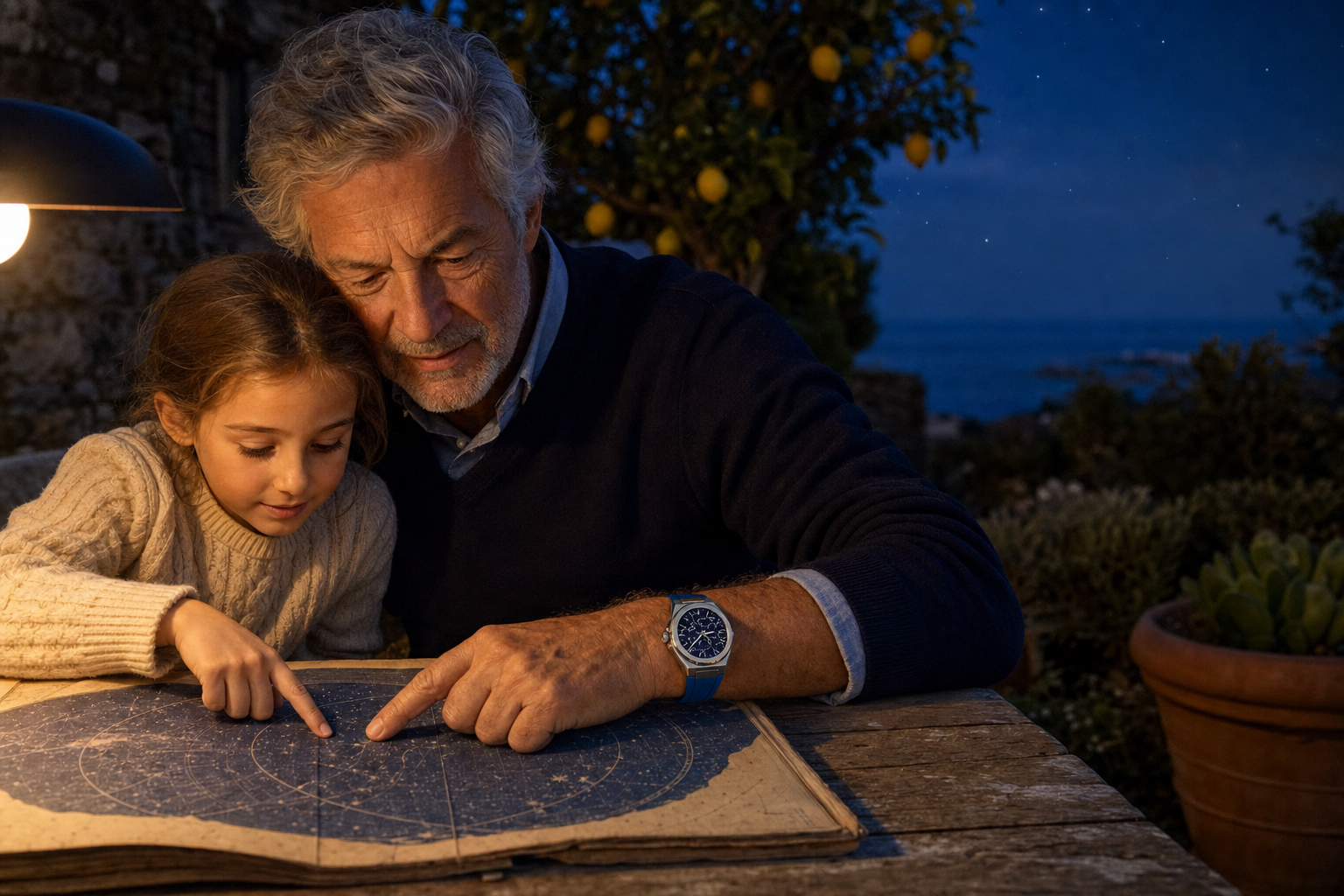 A grandfather and granddaughter study a star atlas beneath a garden lamp at dusk while he wears a blue-strapped ChronoAstra watch.