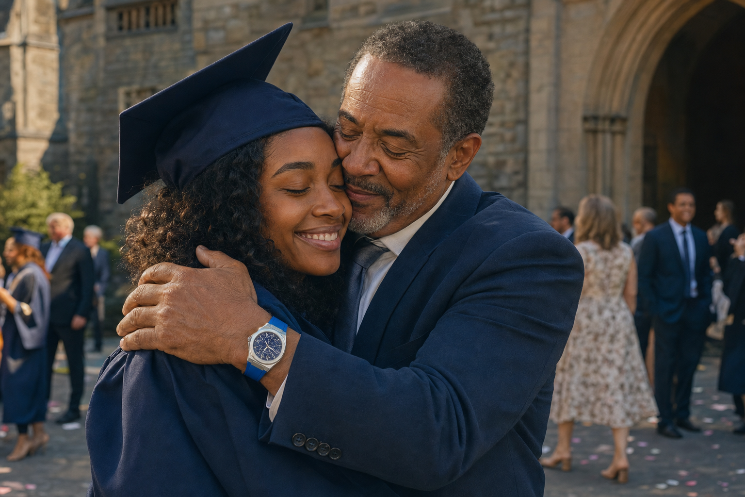 A graduate in a navy cap and gown embraces her father outside a stone university building; a blue-strapped ChronoAstra is visible on his wrist.