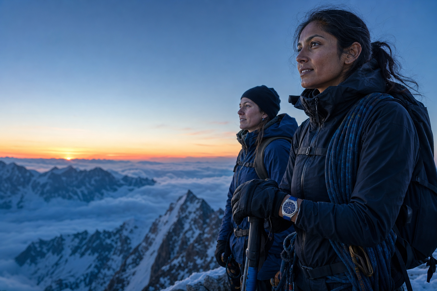 Two women mountaineers pause on an alpine summit at sunrise; the climber in front wears a silver-and-blue ChronoAstra watch.