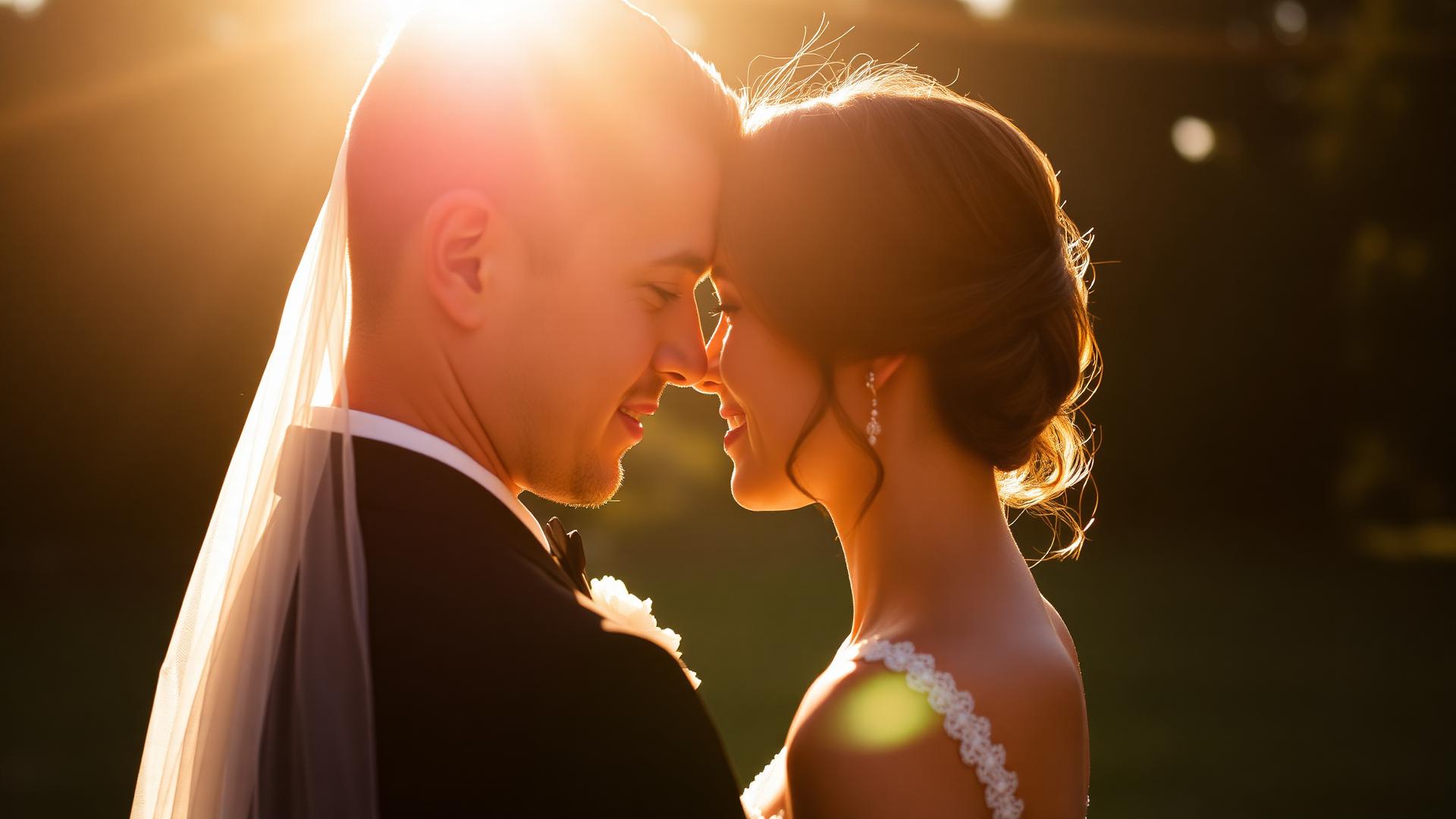 A bride and groom at golden hour, foreheads touching